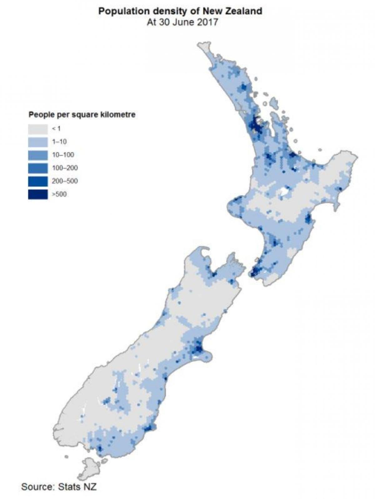 Mapa gęstości zaludnienia Nowej Zelandii