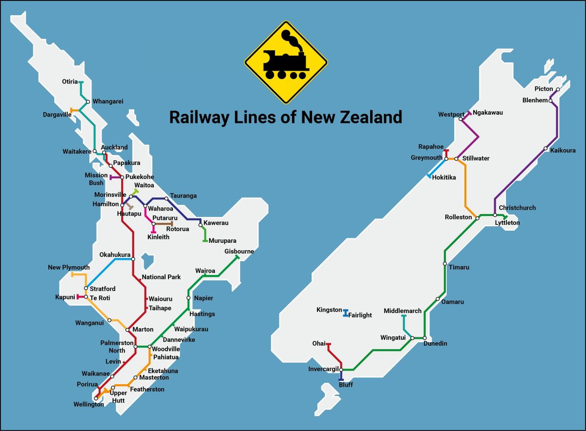 Mapa linii kolejowych Nowej Zelandii