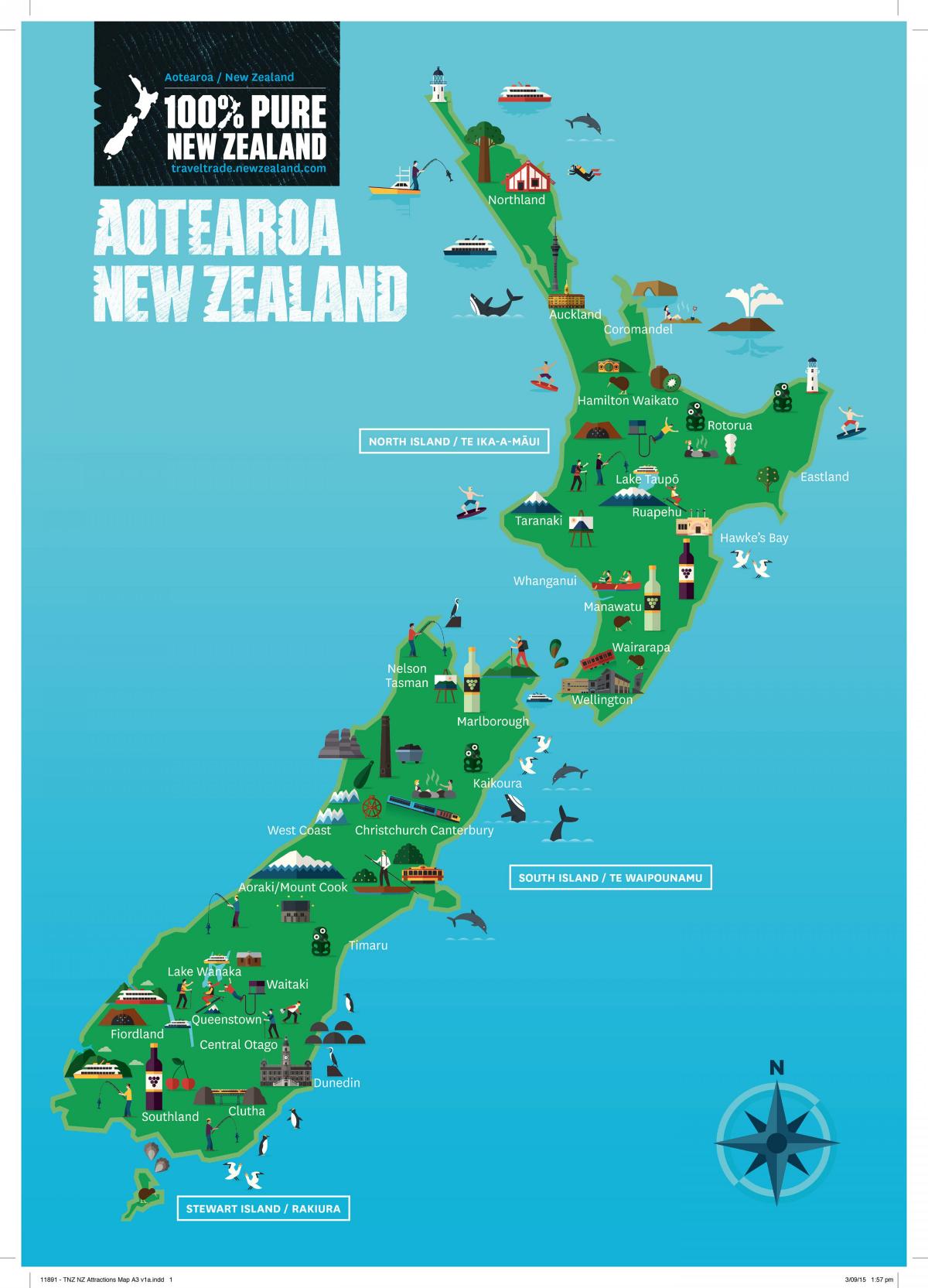 Mapa atrakcji turystycznych Nowej Zelandii
