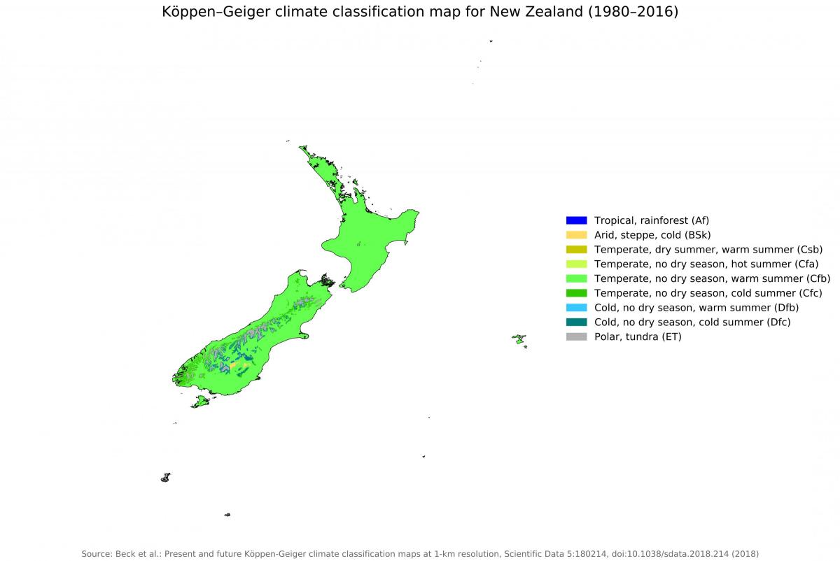 Mapa temperatury Nowej Zelandii